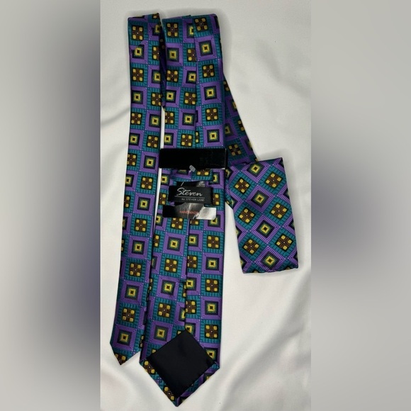 NEW Steven Land Men’s Tie with Double Sided Matching Pocket Square - Picture 7 of 11